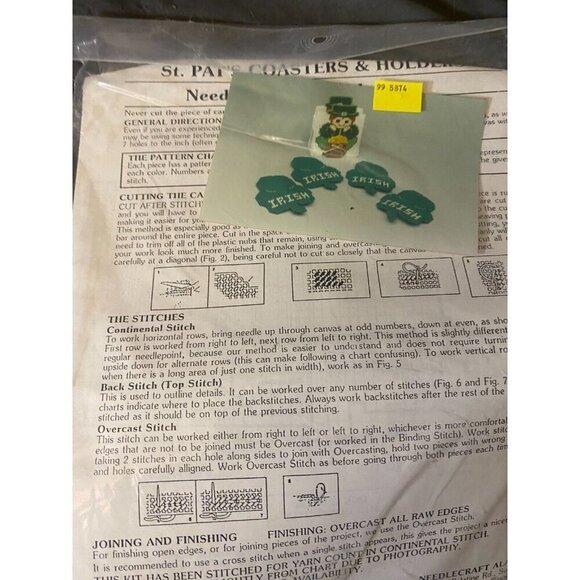 Needlecraft St Patricks Day Coasters Napkin Holder Plastic Canvas Kit Vintage - Picture 2 of 3